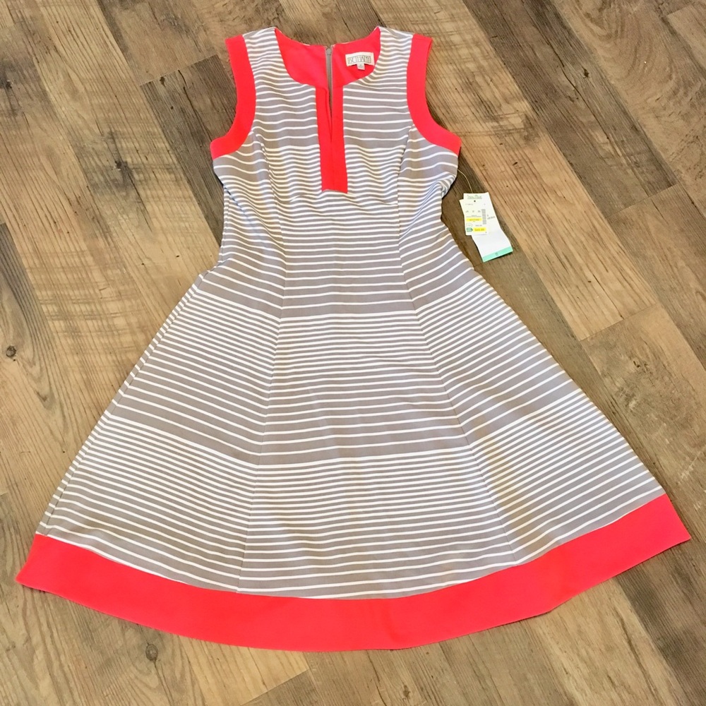 Sleeveless Striped Midi Dress with Coral Trim